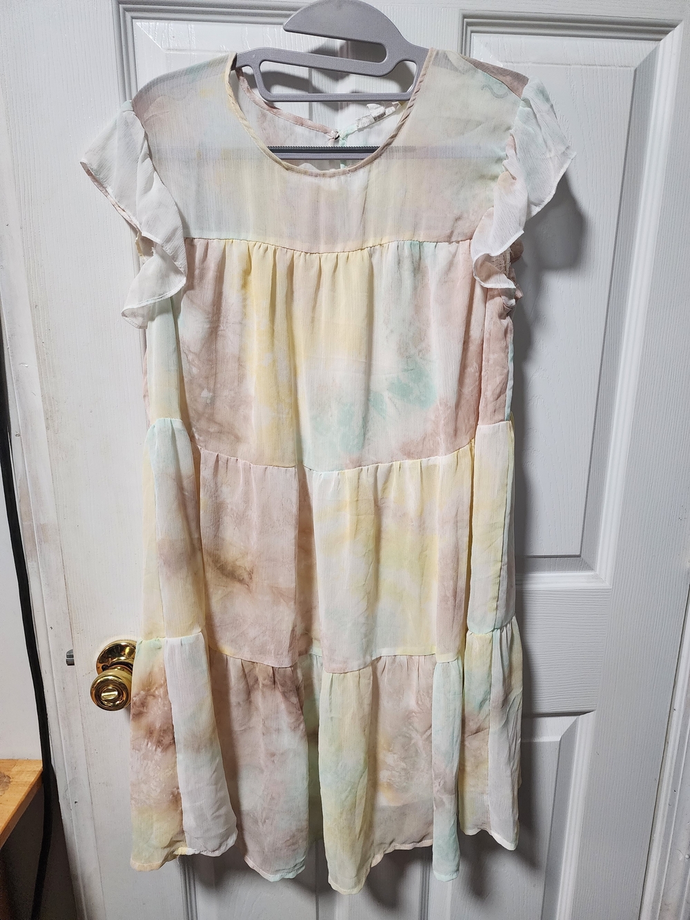 Blu Pepper Pastel Tie-Dye Tiered Mini Dress Cream/Pink/Yellow Blue Size Medium